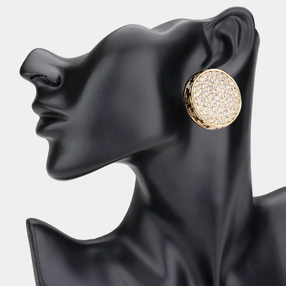 Gold Greek Key Patterned Rhinestone Crystal Round Stud Earrings - Picture 1 of 2
